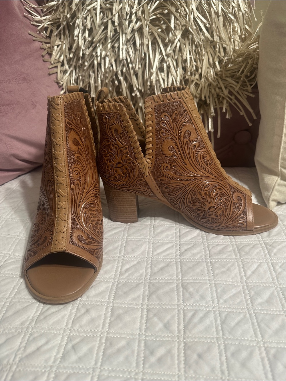 Myra Bag Tan Floral Laser-Cut Western Block Heel Booties